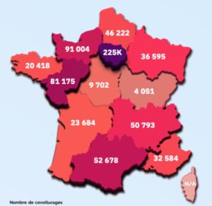 Carte de la France du nombre de covoiturage au mois de novembre